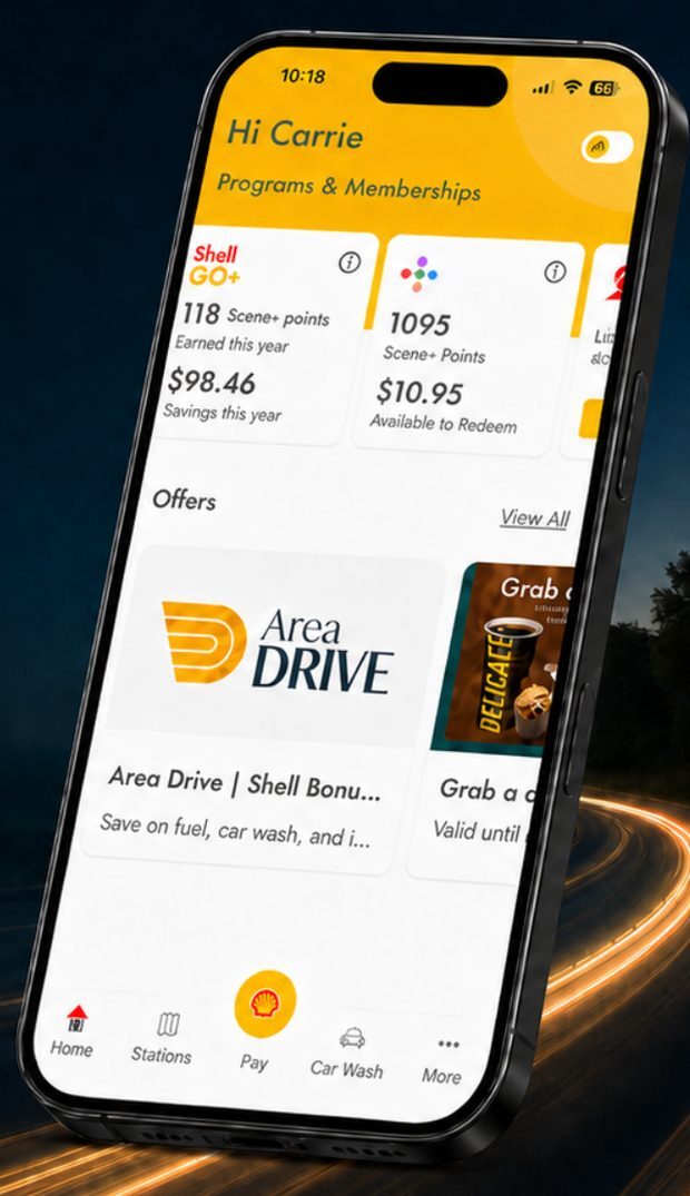 The Shell app showing the Area DRIVE offer tile